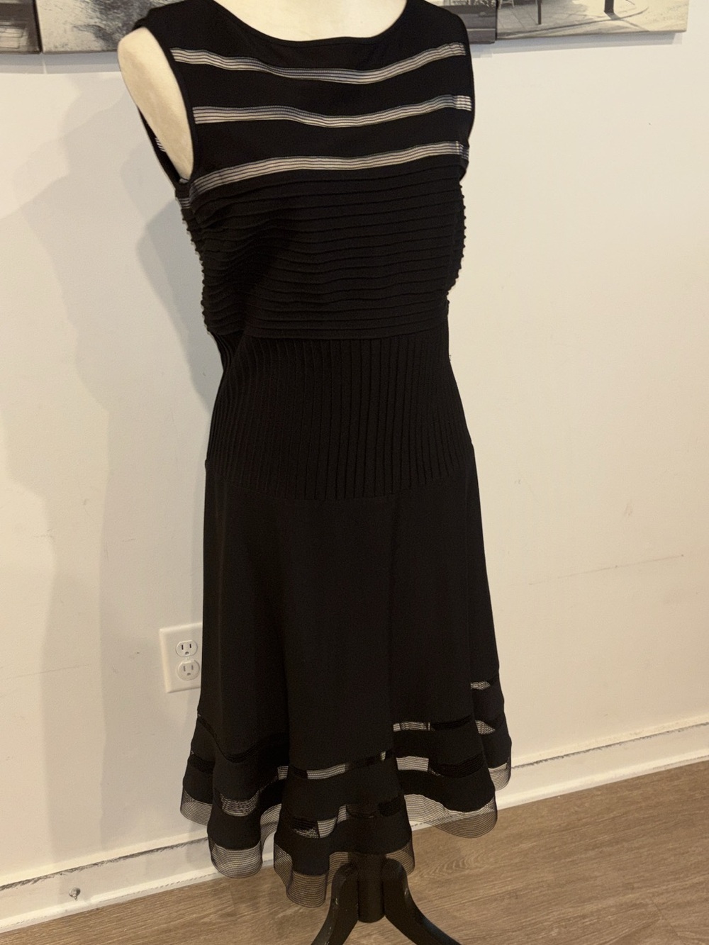 Tadashi Shoji Black Sleeveless Ribbed Fit-and-Flare Dress with Sheer Stripes